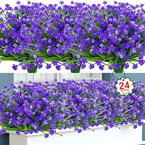 24 Bundles Artificial Flowers for Outdoors Decorations, Purple | Fake plants, plastic flowers, faux greenery stems, UV resistant, for indoor garden patio window box kitchen home decor - color: Purple, size: 24 Packs