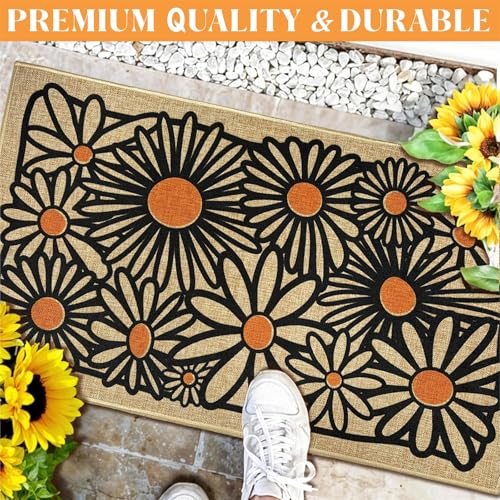 Welcome Mats Daisy Flower Front Door Mat for Outside Patio Entrance 17"x30" | Non-slip backing, durable, low profile, summer outside entryway rugs, housewarming gifts, for home farmhouse kitchen hallway - color: White Daisy Flower