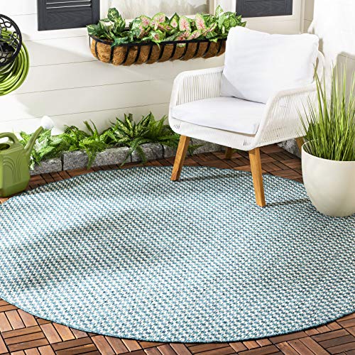 SAFAVIEH Washable Rug Outdoor Courtyard Collection - 4' Round, Turquoise & Light Grey, Non-Shedding & Easy Cleaning, Ideal for Patio, Backyard, Mudroom (CY8653-37221) - color: Turquoise/Light Grey, size: 4' (Round)