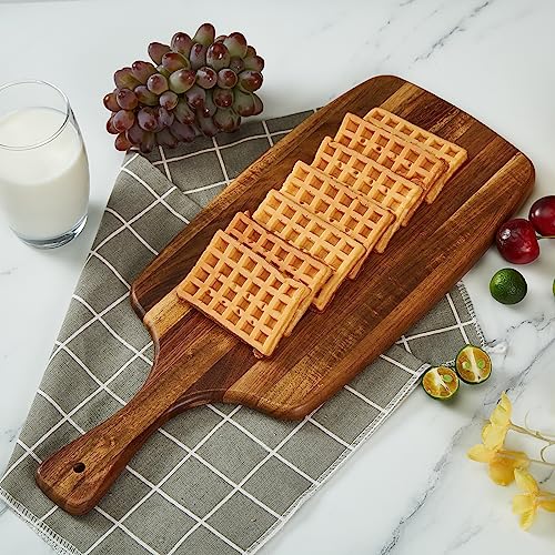 Acacia Wood Cutting Board and Cheese Board with Handle for Braed, Chopping Board, Meat, Fruits and Charcuterie - Decorative Wooden Serving Board for Kitchen, 17x7 Inch - size: 16.9"L x 7"W