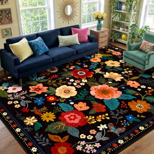 RELEANY Floral Washable 9x12 Area Rugs Black | Flower Carpet, Print, Boho, Non-Slip, Easy to Clean, Soft, Low Pile for Living Room Bedroom Kitchen Office Entryway Hallway - color: Black, size: 9' x 12' (Rectangular)