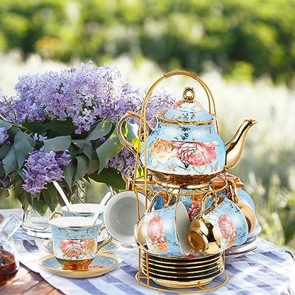 Zhehao 20 Pcs Porcelain Tea Set with Metal Holder and Spoon Adult Ceramic Tea Set European Flower Painting Teapot Cup Saucer Spoon for Women Mom Gift, Large Version (Simplicity Style) - color: Simplicity Style
