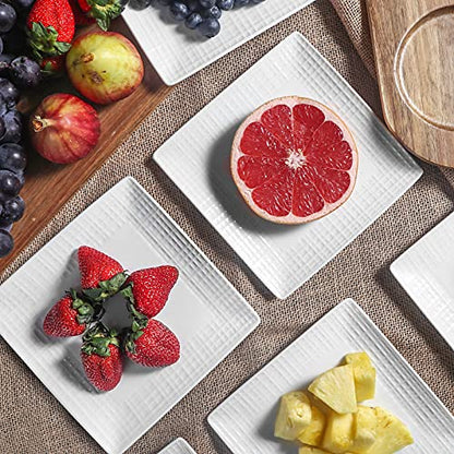 Square Dinner Plates, Set of 6, 6 Inch White Ceramic, Embossed Crisscross, Safe for Dishwasher, Microwave and Oven - color: 6 inch-White- Crisscross-6pcs