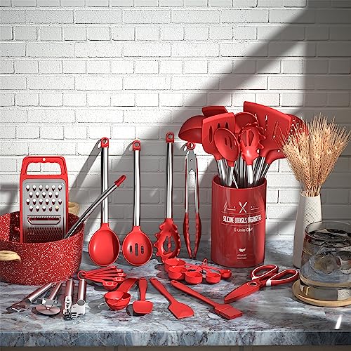 Kitchen Utensils Set- Umite Chef 34 PCs Cooking Utensils with Grater, Spoon Spatula, Heat Resistant Food Grade Silicone, Stainless Steel Handles Kitchen Gadgets Tools Set for Nonstick Cookware(Red) - color: Red
