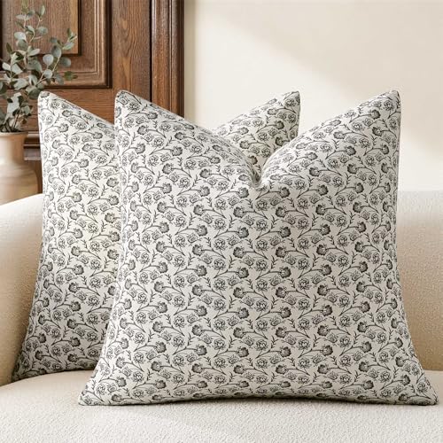 Ditsy Floral Throw Pillow Covers Set of 2, 16x16 Inch Charcoal | 100% Organic Cotton, Soft Breathable, Farmhouse Cottage Block Print Cushion Covers, Handcrafted for Sofa Couch Living Bedroom - color: Charcoal, size: 16" x 16" (Pack of 2)