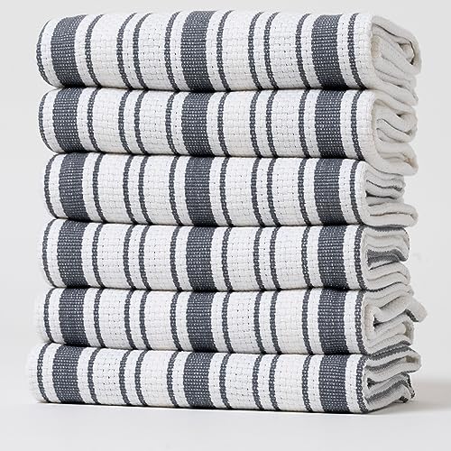 Kitchen Towels Set – Pack of 6 (20’’ x 30’’) Extra Large Premium Cotton Dish Towels for Kitchen – Basket Weave Towels – Absorbent – 100% Cotton – with Hanging Loop – Dark Grey - color: Dark Grey Multi Striped, size: Pack of 6