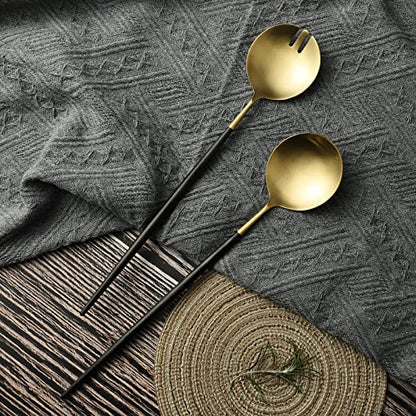 Salad Servers,Spoon and Fork Set 11.41 inch,18/10 Stainless Steel Salad Serving Titanium Plating (black gold) - color: Black/Gold