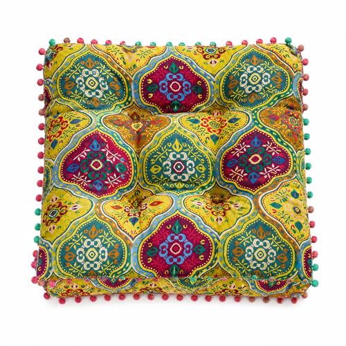 Boho Floor Cushion Seat Pillow, Thick Tufted Chair Pad with Pom Pom Trim, Cotton Linen Square Seating Cushion for Floor, Dining Chair, Reading Nook, Sofa, Office, Balcony and Living Room Decor - color: A