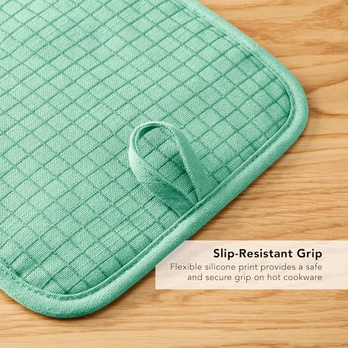 KITCHENAID Gourmet Series Gridlines Pot Holders 2-Pack Set, Heat Resistant up to 600°F, Soft Silicone Grip, Magnetic Cuff, Color of The Year, Spearmint, 8"x8" - color: Spearmint