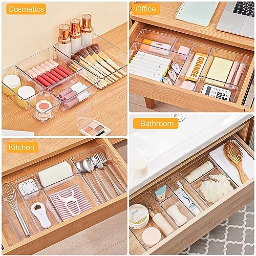 SMARTAKE 13-Piece Drawer Organizers with Non-Slip Silicone Pads, 5-Size | Clear Desk Bathroom Drawer Organizer Trays Storage Tray for Makeup, Jewelry, Utensils in Bedroom Dresser, Office and Kitchen - size: 13 PCS