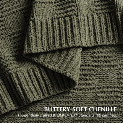 EVERGRACEHOME Modern Checkered Chenille Throw Blanket, 60x80, Olive Green | Lightweight Warmth, All-Season Breathability, OEKO-TEX certified, Timeless Grid Pattern, Farmhouse Throw for Couch, Bed, Sofa - color: Olive Green, size: 60" X 80"