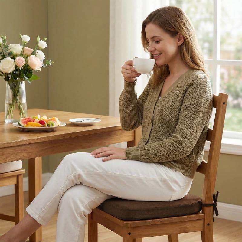 D-Shaped Chair Cushions Set of 1, Chair Pads with Ties, 17" x 16" | 2" Thick Non Slip Seat Cushion for Dining & Kitchen Chairs, 40D Foam, Removable Washable Cover, Brown - color: Brown