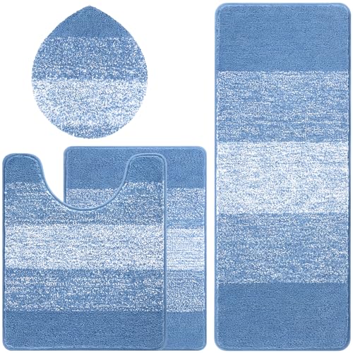 Bsmathom Bathroom Rug Set 4 Piece, Plush Microfiber Bath Mat, Blue | Extra Water Absorbent, Non Slip Washable Runner Bath Rugs with Toilet Lid Cover and U-shaped Contour Toilet Mat - color: Blue, size: 20"x31"+20"x59"+U20"x24"+Cover19"x21"