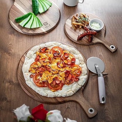 BILL.F Acacia Pizza Peel, Set of 3 Acacia Wood Cutting Board 8" 10" 12" Inch Cutting Board, Cheese Paddle Board, Bread and Crackers Platter for Serving and Minor Food Prepare with Handle and Organizer - style: 8/10/12 inch