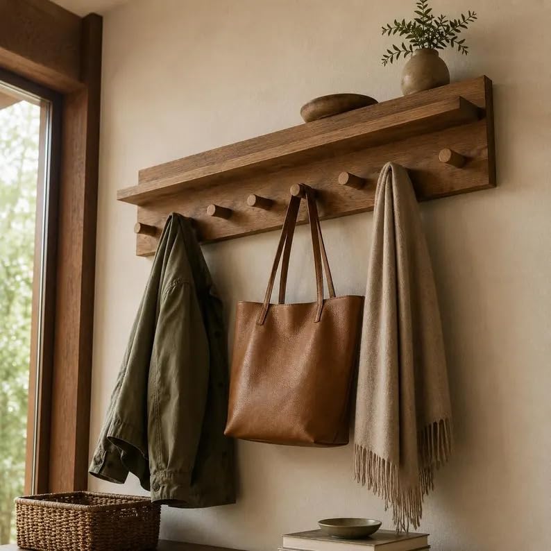 Rustic Wooden Coat Rack Wall Mount with Top Shelf, Solid Wood Peg Hook Rail Entryway Hat Jacket Purse Hanging Organizer for Mudroom Hallway Bathroom Home Decor