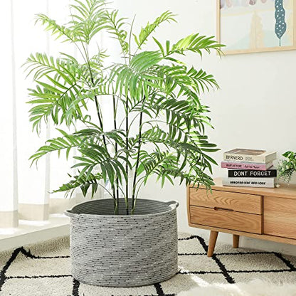 KAKAMAY Large Blanket Basket (20"x13"),Woven Baskets for storage Baby Laundry Hamper, Cotton Rope Blanket Basket for Living Room, Laundry, Nursery, Pillows, Grey with Blue & Brown Dotted | Extra Large Capacity | Natural Cotton Rope | Blanket Storage | Wov