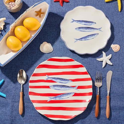 Bico Ocean Wonders Scalloped Salad Plates Set of 4, 8.75 Inch Ceramic Dessert Plates for Salad, Appetizer, Side Dishes, Microwave and Dishwasher Safe, Gift for Housewarming and Christmas - color: Ocean Creatures