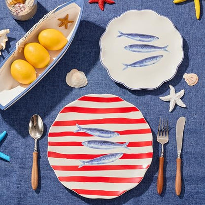 Bico Ocean Wonders Scalloped Salad Plates Set of 4, 8.75 Inch Ceramic Dessert Plates for Salad, Appetizer, Side Dishes, Microwave and Dishwasher Safe, Gift for Housewarming and Christmas - color: Ocean Creatures