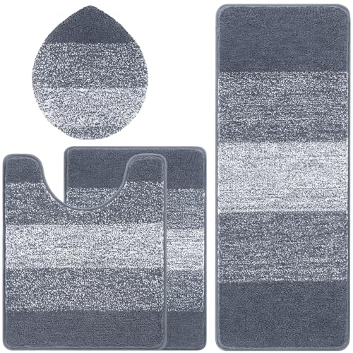 Bsmathom Bathroom Rug Set 4 Piece, Plush Microfiber Bath Mat, Dark Gray | Extra Water Absorbent, Non Slip Washable Runner Bath Rugs with Toilet Lid Cover and U-shaped Contour Toilet Mat - color: Dark Grey, size: 20"x31"+20"x59"+U20"x24"+Cover19"x21"