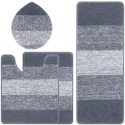 Bsmathom Bathroom Rug Set 4 Piece, Plush Microfiber Bath Mat, Dark Gray | Extra Water Absorbent, Non Slip Washable Runner Bath Rugs with Toilet Lid Cover and U-shaped Contour Toilet Mat - color: Dark Grey, size: 20"x31"+20"x59"+U20"x24"+Cover19"x21"