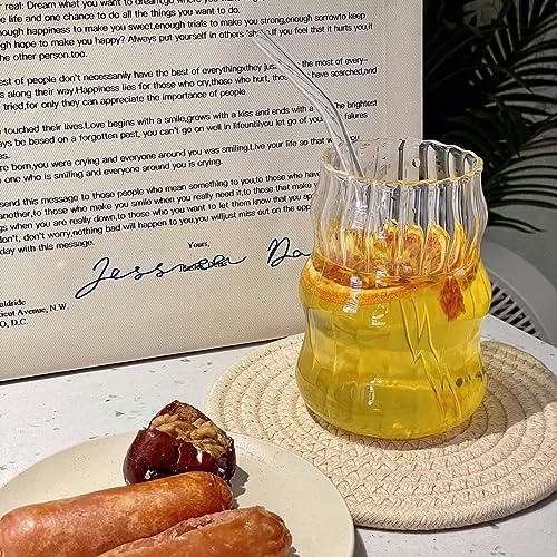 2 Pcs Ribbed Glass Cups, 18 Oz Vintage Drinking Glassware with Wave Design | Iced Coffee Cups Glass, Matcha Glass Bubble Cups for Iced Coffee, Juice, Beverage, Milk, Cocktails, Bubble Tea, and More