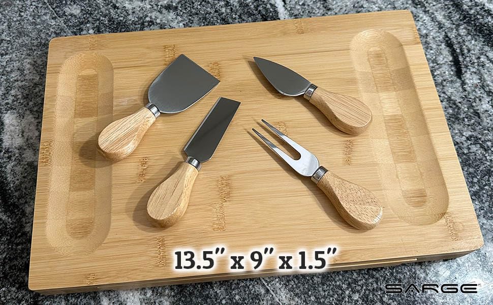 Sarge Artisan Bamboo Cheese Board Set, 4-Piece, Charcuterie Serving Tray | bamboo, stainless steel knives, hidden drawer, charcuterie, cheese, entertaining, parties, housewarming gift, SK-180