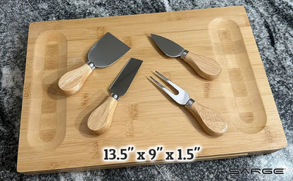 Sarge Artisan Bamboo Cheese Board Set, 4-Piece, Charcuterie Serving Tray | bamboo, stainless steel knives, hidden drawer, charcuterie, cheese, entertaining, parties, housewarming gift, SK-180