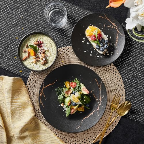 12-Piece Matte Crackle Dinnerware Set, Black and Gold | Porcelain Plates & Bowls Set | Scratch Resistant Handcrafted Gold Luster | Microwave, Dishwasher Safe | Serves 4 | Ideal Gift - size: Service for 4 (12pcs)