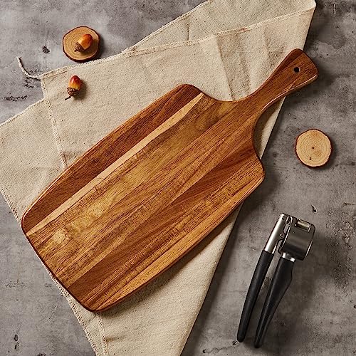 Acacia Wood Cutting Board and Cheese Board with Handle for Braed, Chopping Board, Meat, Fruits and Charcuterie - Decorative Wooden Serving Board for Kitchen, 17x7 Inch - size: 16.9"L x 7"W