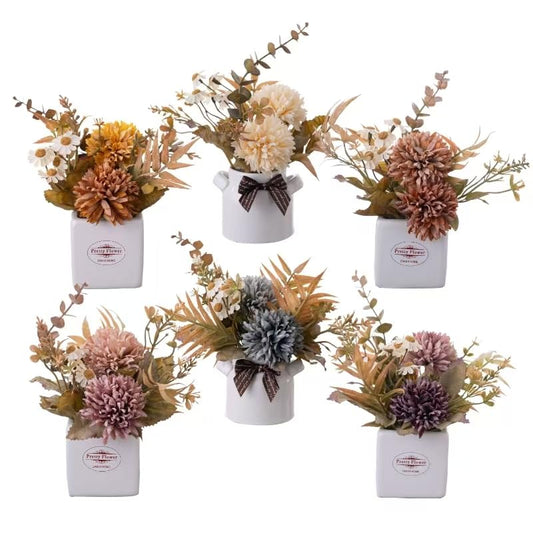 LUEUR 6PCS Artificial Fall Flowers with Ceramic Vase | Mini Fake Flowers in Colors – Faux Autumn Floral Arrangment, Farmhouse Decor, Table Centerpiece Decorations for Home, Office - color: 6-piece Artificial Fall Flowers