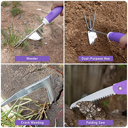 Purple Garden Tool Set Gardening Items for Women - 11PCS Heavy Duty Garden Tools with Detachable Storage Bag, Weeder, Dual-Purpose Hoe - color: Purple