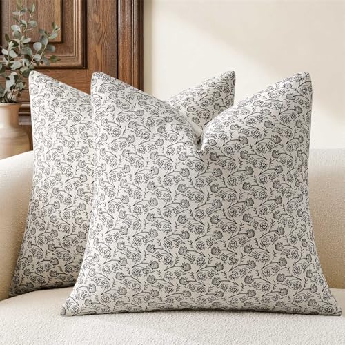 Ditsy Floral Throw Pillow Covers Set of 2, 20x20 Inch Light Grey | 100% Organic Cotton, Soft Breathable, Farmhouse Cottage Block Print Cushion Covers, Handcrafted for Sofa Couch Living Bedroom - color: Light Grey, size: 20" x 20" (Pack of 2)