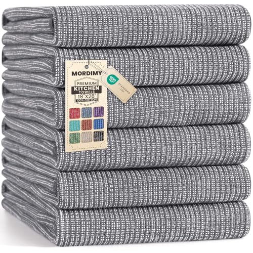 Mordimy Premium Large Cotton Kitchen Towels (18"x 28", 6 Pack), Grey | 100% Ring Spun Cotton, Super Absorbent, 380 GSM, Flat & Terry, Soft, Hanging Loop Dish Towels - color: Grey, size: 18"x28" - 6 Pack