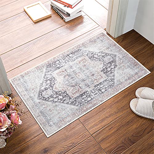 GLN Rugs Bohemian - Taxila - Machine Washable Area Rug, Boho Washable, Non Slip, Low Pile Chenille Area Rug, Entryway, Hallway, Kitchen Rug - Easy Clean (2'x3' Brown and Gray) - color: Brown/Gray/Cream, size: 2' x 3' (Rectangular)