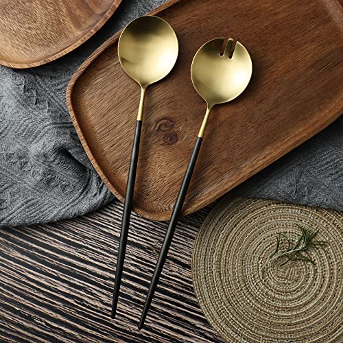 Salad Servers,Spoon and Fork Set 11.41 inch,18/10 Stainless Steel Salad Serving Titanium Plating (black gold) - color: Black/Gold