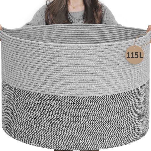 INDRESSME 115L Extra Large Woven Rope Blanket Basket Living Room, Grey | 23.6" x 15.7" Storage baskets for toys laundry & pillows. Fits living room, bedroom or nursery décor. Soft-touch with handles - color: Light & Dark Grey, size: 23.6"D x 15.7"H