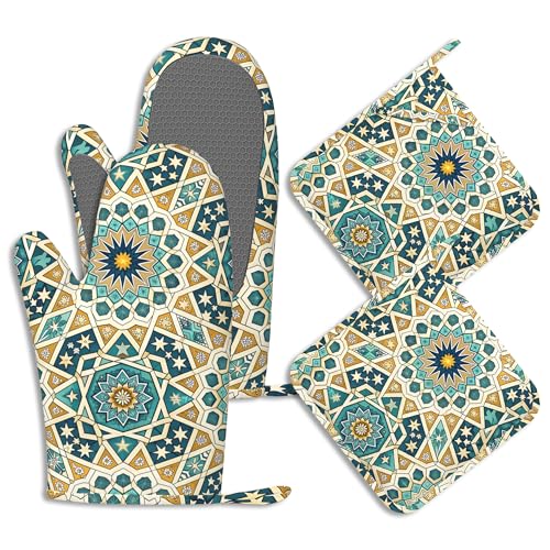 Mandela Geometric Oven Mitts and Pot Holders Sets of 4 Boho Abstract Heat Resistant Silicone Oven Mits Gloves Non-Slip Kitchen Mittens Potholders for Cooking Baking Grilling BBQ - color: Mandela Geometric,boho Abstract
