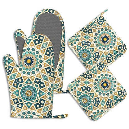 Mandela Geometric Oven Mitts and Pot Holders Sets of 4 Boho Abstract Heat Resistant Silicone Oven Mits Gloves Non-Slip Kitchen Mittens Potholders for Cooking Baking Grilling BBQ - color: Mandela Geometric,boho Abstract