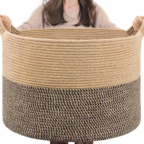 INDRESSME XXXLarge Woven Wicker Blanket Basket Living Room Black Jute, 90L | Wicker baskets for organizing shoe, dog toys & pillows. For living room bedroom or nursery decor. soft-touch with handles - color: Black & Jute, size: 21.7"D x 13.8"H