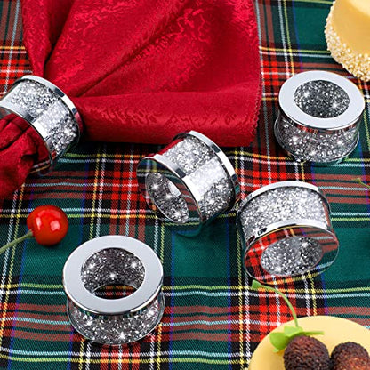 SHYFOY Silver Crushed Diamond Napkin Rings Set of 12, Serviette Holders | Sparkle Crushed Diamond Glass & Stainless Steel Frame, Table Decor for Dinners, Weddings, Festivals and Home Dining Settings - size: 12 Pieces