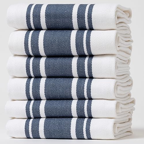 Kitchen Towels Set – Pack of 6 (20’’ x 30’’) Extra Large Premium Cotton Dish Towels for Kitchen – Super Striped Towels – Absorbent – 100% Cotton – with Hanging Loop – Blue - color: Blue Super Striped, size: Pack of 6