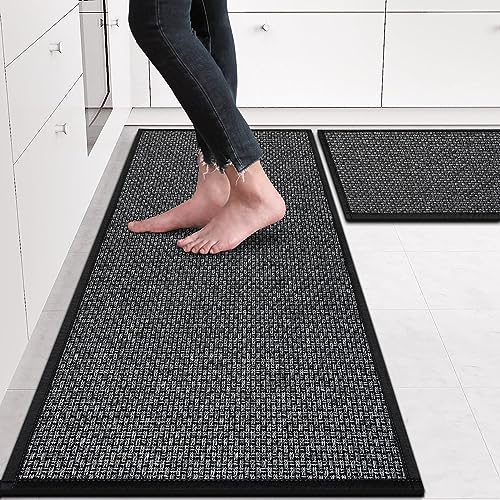 eqivei Kitchen Rugs Non Skid Washable Set of 2 PCS, Absorbent Runner Rugs for Kitchen, Farmhouse Weave Floor Mats in Front of Sink, 17.3"x 47"+17.3"x 29" (Inky) - color: Inky