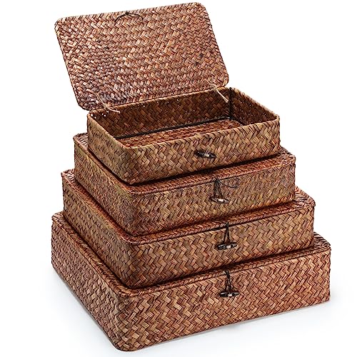Didaey Set of 4 Seagrass Basket with Lid Wicker Storage Basket Decorative Storage Boxes with Lids Flat Storage Bins Woven Organizer Baskets for Shelf Closet Bedroom, 4 Sizes (Dark Brown) - color: Dark Brown