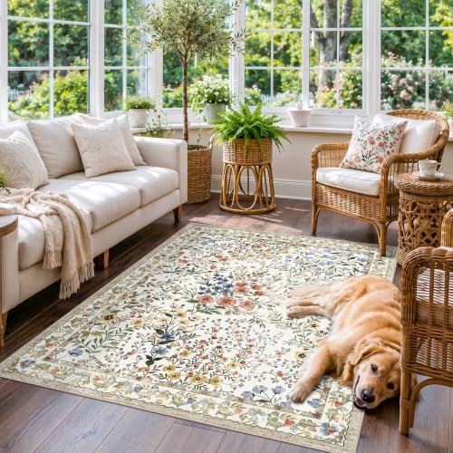 4x5 Washable Entryway Area Rug: Non Slip Floral Washable Entry Rug Living Room Area Rug for Indoor Floor Kitchen Bedroom - Soft Thin Door Mat Carpet Boho Vintage Home Decor (4'x5', Beige) - color: Beige, size: 4x5