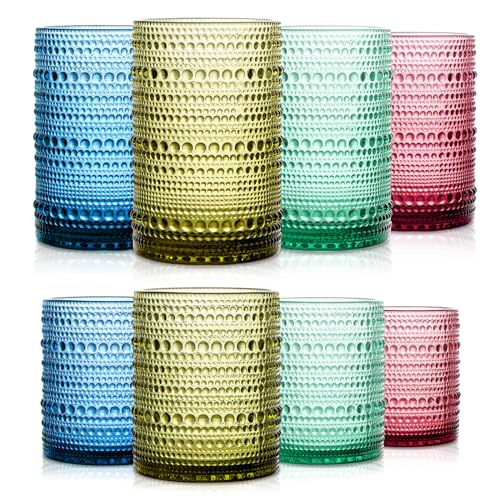 SoulTimes Set of 8 Hobnail Drinking Glasses Colored Vintage Glassware - 4 Highball Glasses 14 oz, 4 Rocks Glass Cup 11 oz, Embossed Old Fashioned Glassware for Water, Juice, Wine, Beer (4 Colors) - color: 4 Colors
