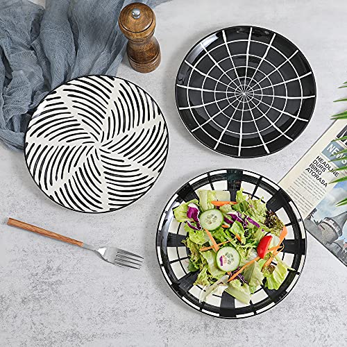Ceramic Dessert Plates 8 Inch - Salad Appetizer Plate Set of 6 - Modern Japanese Style - Dishwasher and Microwave Safe - Black and White - size: 8 inch