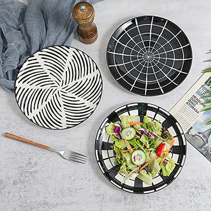 Ceramic Dessert Plates 8 Inch - Salad Appetizer Plate Set of 6 - Modern Japanese Style - Dishwasher and Microwave Safe - Black and White - size: 8 inch