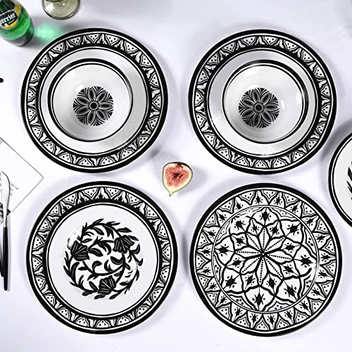 Melamine Dinnerware Sets-12pcs Melamine Plates and Bowls Set, Round | Unbreakable, Dishwasher Safe, Indoor Outdoor Use, Ideals for Parties, Camping Dish Set, Black and White Pattern - color: Black White