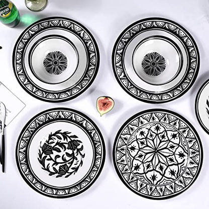 Melamine Dinnerware Sets-12pcs Melamine Plates and Bowls Set, Round | Unbreakable, Dishwasher Safe, Indoor Outdoor Use, Ideals for Parties, Camping Dish Set, Black and White Pattern - color: Black White