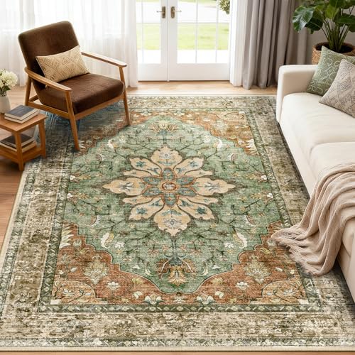 RELEANY Washable Vacuum-Friendly Area Rugs 5'x7' Brick/Brown/Green | Low Pile Stain-Resistant, Soft Non-Slip, Floral Vintage Distress Print Pattern Medallion, for Living Room Bedroom Hallway - color: Brick/Brown/Green, size: 5' x 7' (Rectangular)